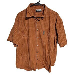 Columbia Button Front Shirt Mens Size XL Orange Striped Short Sleeve Cotton